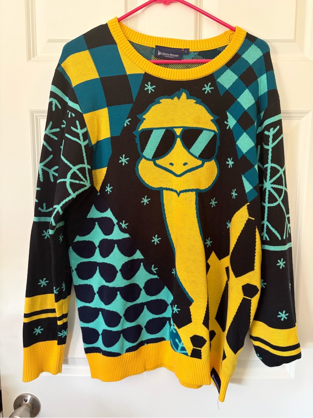 Liberty Mutual Limu the Emu Men’s Yellow & Teal Graphic Crewneck Sweater